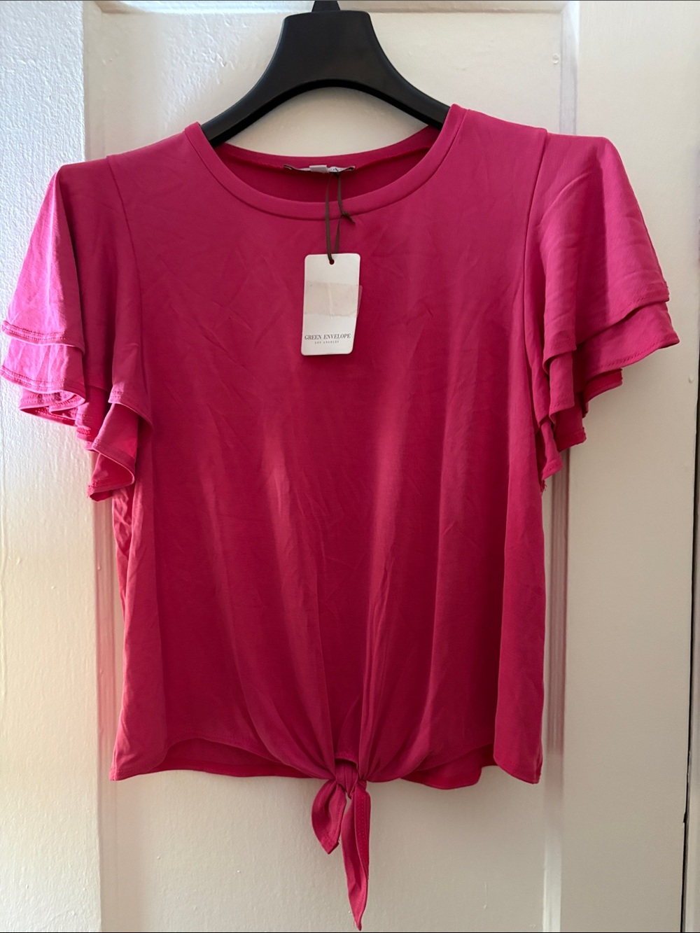 Green Envelope Fuchsia Tie-Front Ruffle Sleeve Crop Top